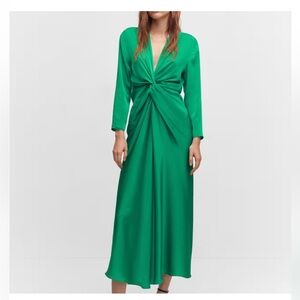 Mango Emerald Satin Dress with knot - Size 14